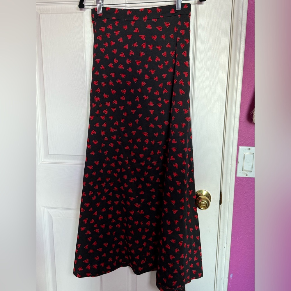Nasty Gal Black Maxi Skirt with Red Heart Pattern